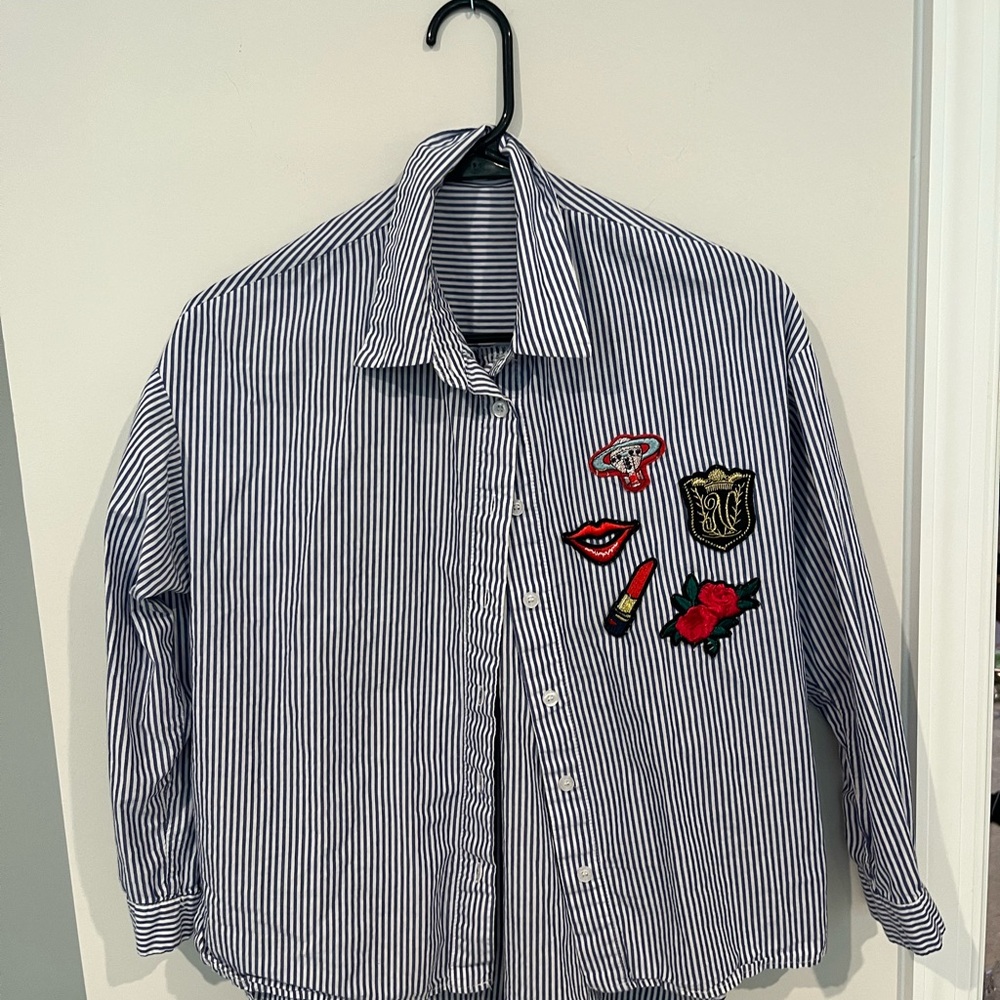 Striped Button-Up Shirt with Patches